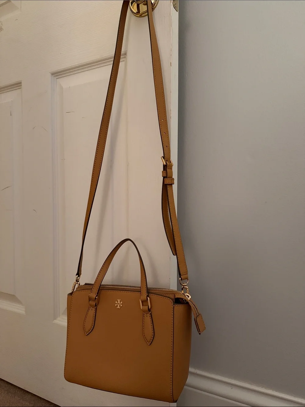 Tory Burch Mustard Pebbled Leather Mini Satchel with Gold Logo